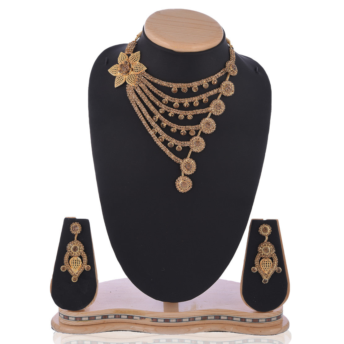 Best Gold Plated Traditional Handcrafted Designed by Mekkna of Necklace, Nose-Pin, Maang-Tika with Earrings for Women. Now We can Book This Jewellery set online from Mekkna.