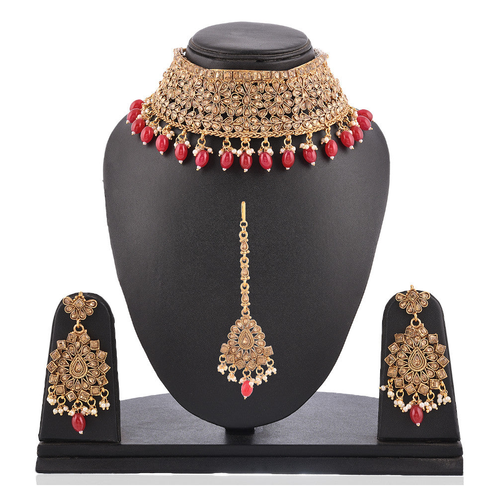 Kundan Necklace with Earrings and Maang Tika for Women | Buy Kundan Jewellery set Online from Mekkna