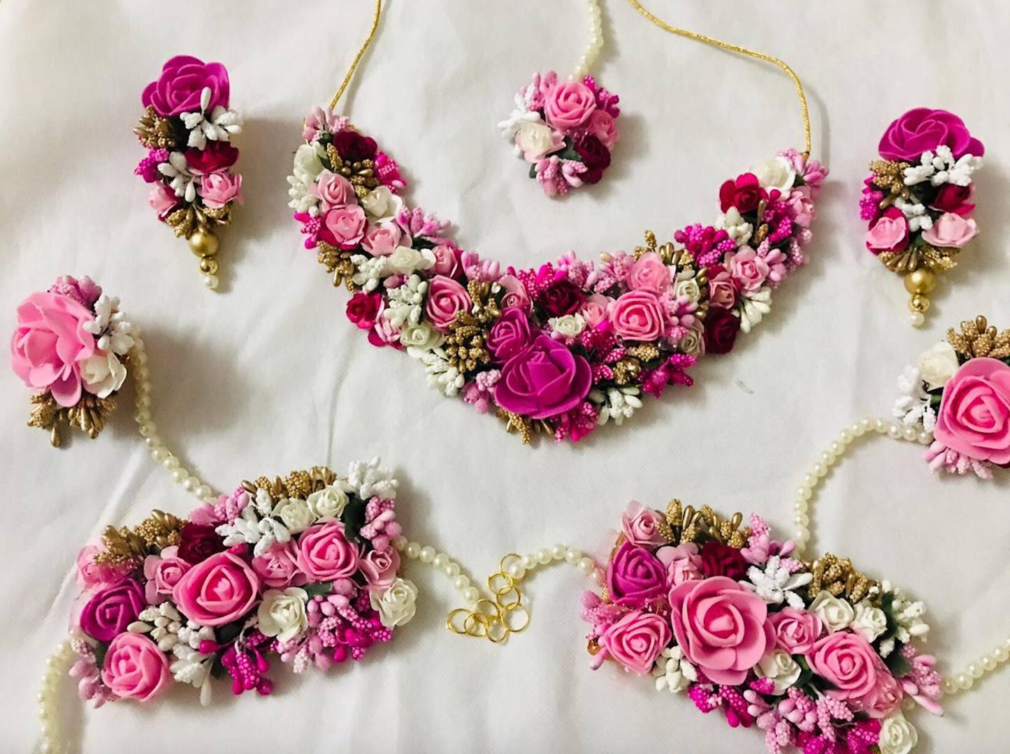 Pink Bridal Flower Jewellery Set with Earrings, Bracelet & Maang Tika