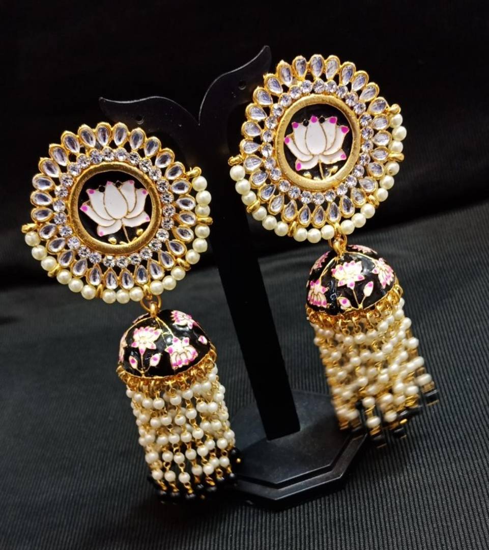 Gold Plated Meenakari Lotus Jhumka Earrings