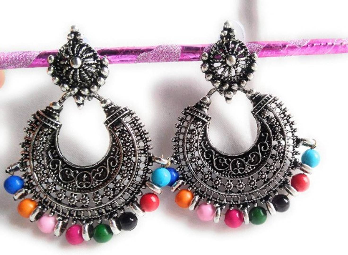 Oxidized Silver MultiBead Chandbali Earring