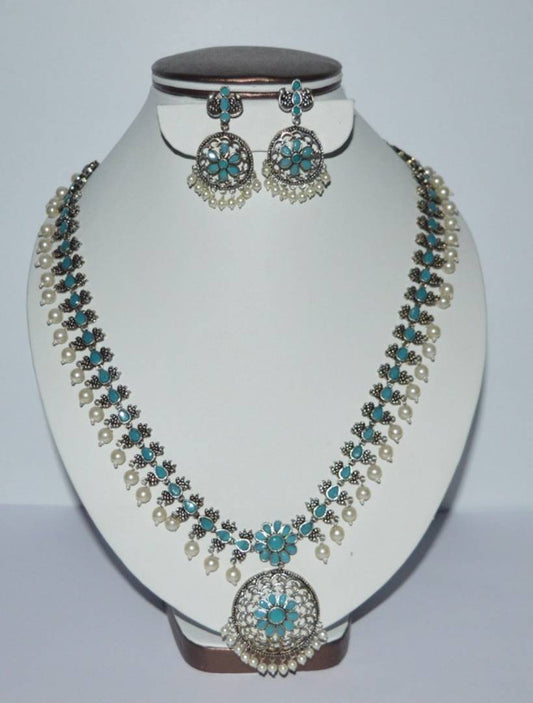 Long Oxidized Silver Necklace Jewellery Set with Earring for Women