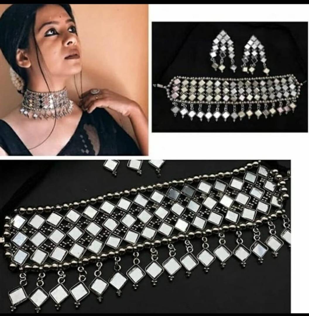 Latest Trendy Designer Oxidised Mirror Choker Necklace Set