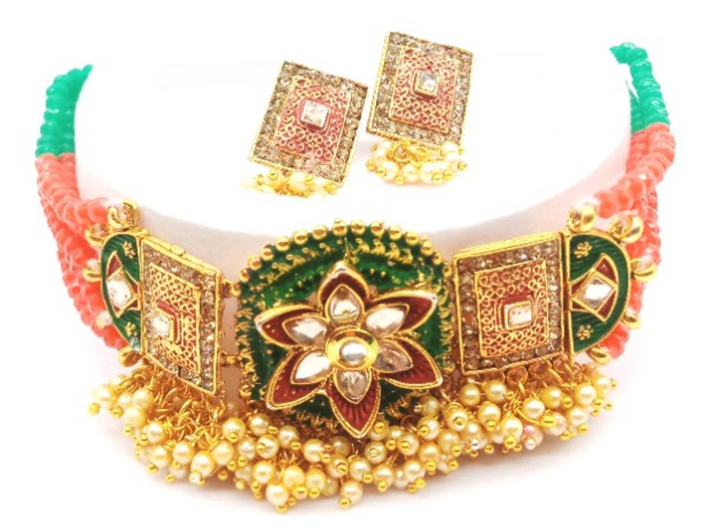 Beautiful Gold Plated Red & Green Pearl Choker with Earring for Women
