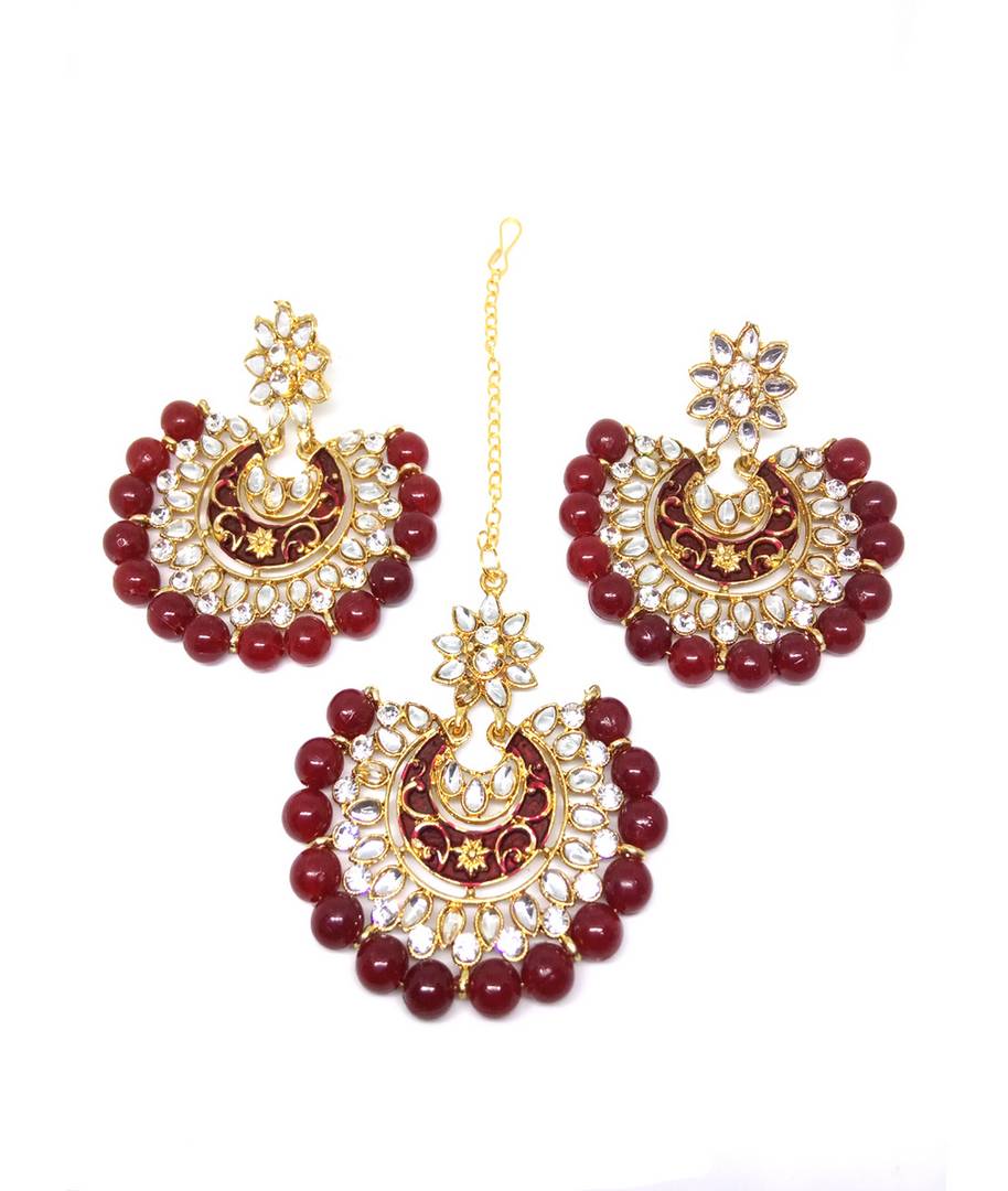 Stylish Gold Plated Kundan and Beads Trendy Maang-Tika & Earrings Set For Women