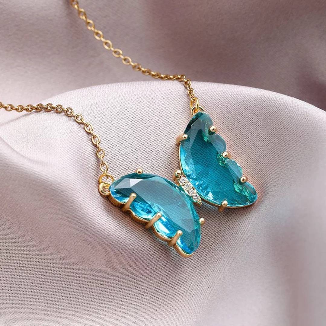 Pack of 3 Lovely Gold Plated Purple , Pink and Turquoise Blue Crystal Butterfly Pendant Necklace for Women and Girls