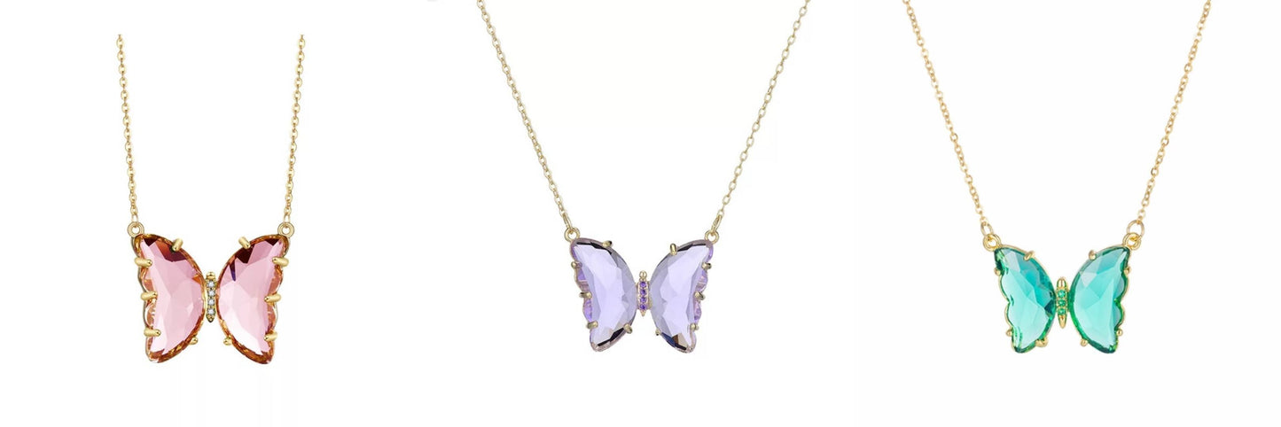 Pack of 3 Lovely Gold Plated Purple , Pink and Turquoise Blue Crystal Butterfly Pendant Necklace for Women and Girls
