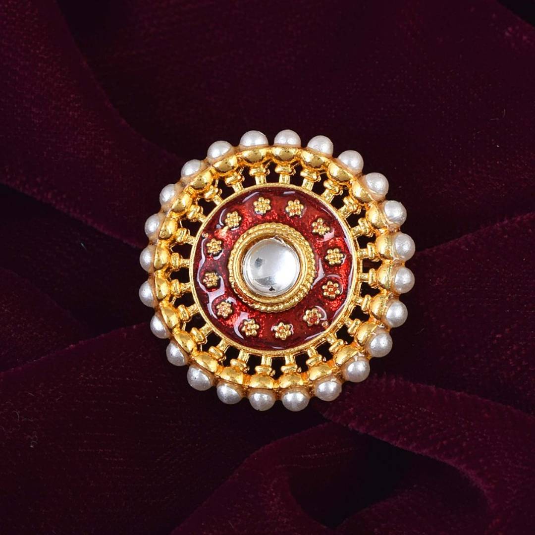 Admier 1 micron Gold Plated Brass Cz Studded Traditional Red Enamel/Meena Work Edged With Moti/Pearl Designer Ring
