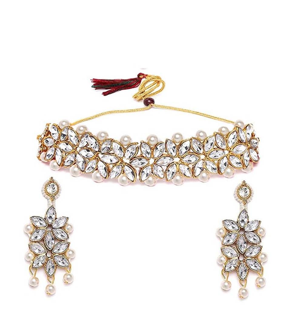 Stylish Golden Alloy Beads Choker Necklace With Mangtikka And Earring Set