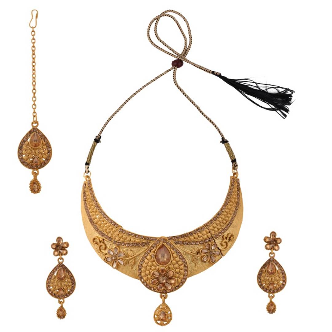 Matte Finished Gold Plated Floral Shape Stone Studded Jewellery Set with Earring Maangtika