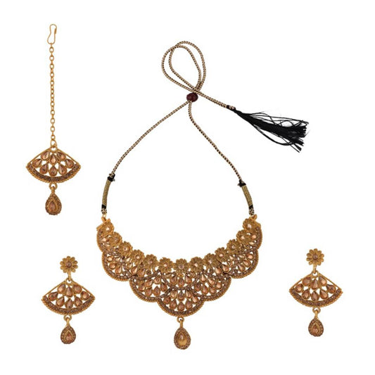 Matte Finished Gold Tone Floral Shape Stone Studded Jewellery Set with Earring Maangtika