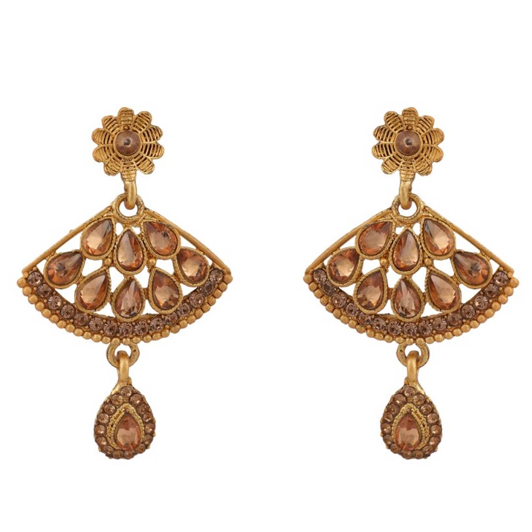 Matte Finished Gold Tone Floral Shape Stone Studded Jewellery Set with Earring Maangtika