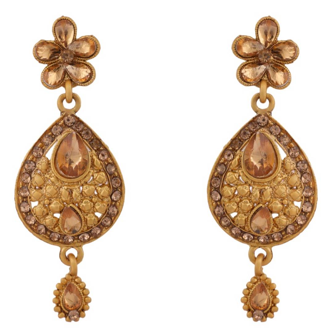 Matte Finished Gold Plated Floral Shape Stone Studded Jewellery Set with Earring Maangtika