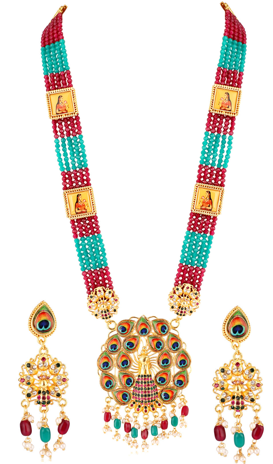 Mekkna Presents Traditional Multicolor Gold Plated Rani-Haar with Earrings for Women | Buy This Jewellery Online from Mekkna.