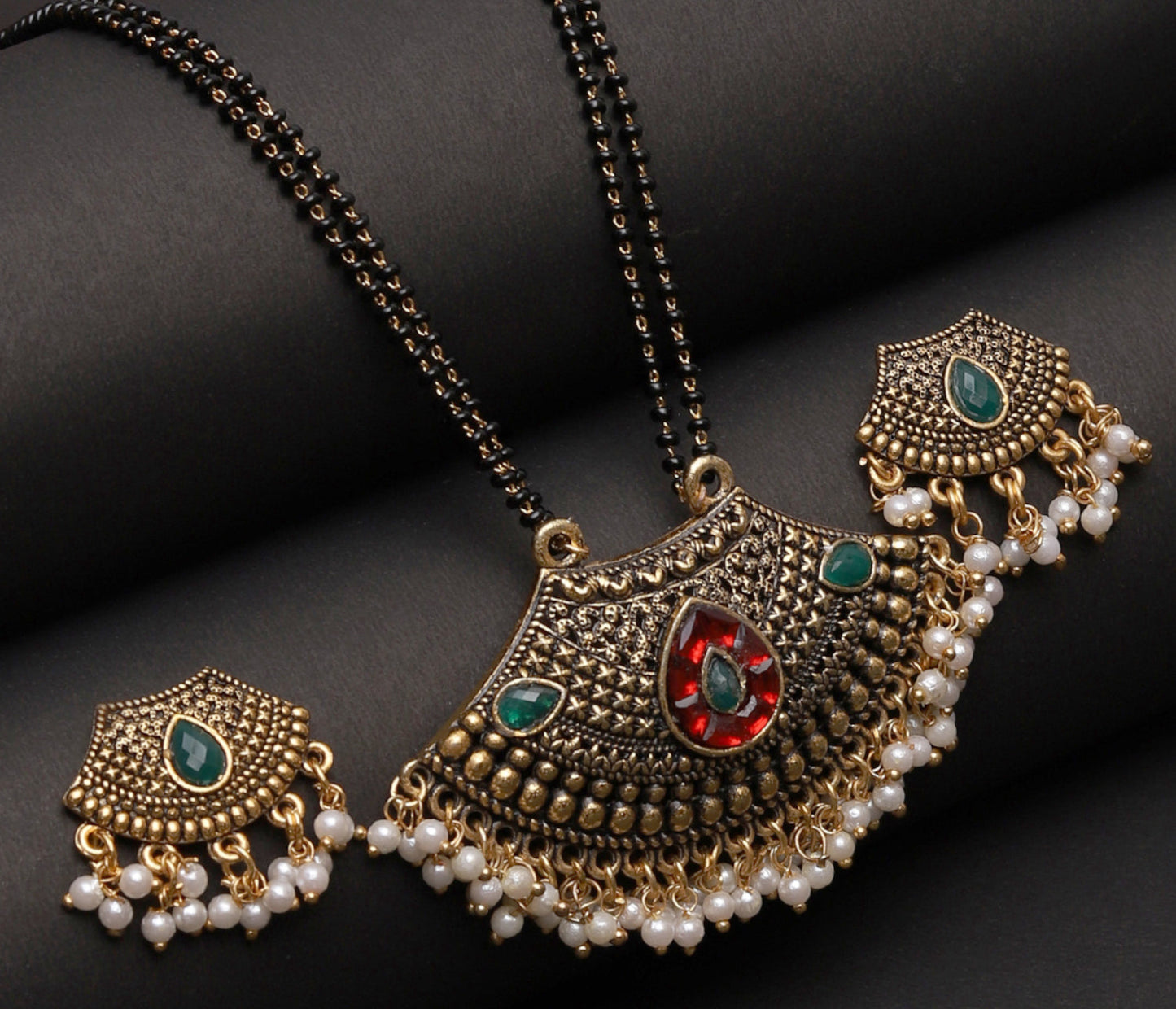  Gold Plated Alloy Traditional Mangalsutra with Earrings | Buy This Jewellery set Online from Mekkna