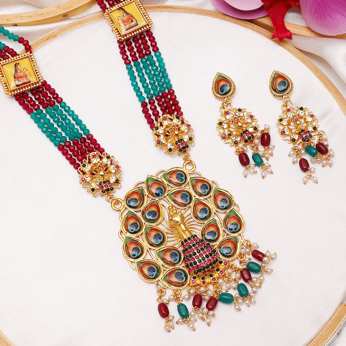 Mekkna Presents Traditional Multicolor Gold Plated Rani-Haar with Earrings for Women | Buy This Jewellery Online from Mekkna.