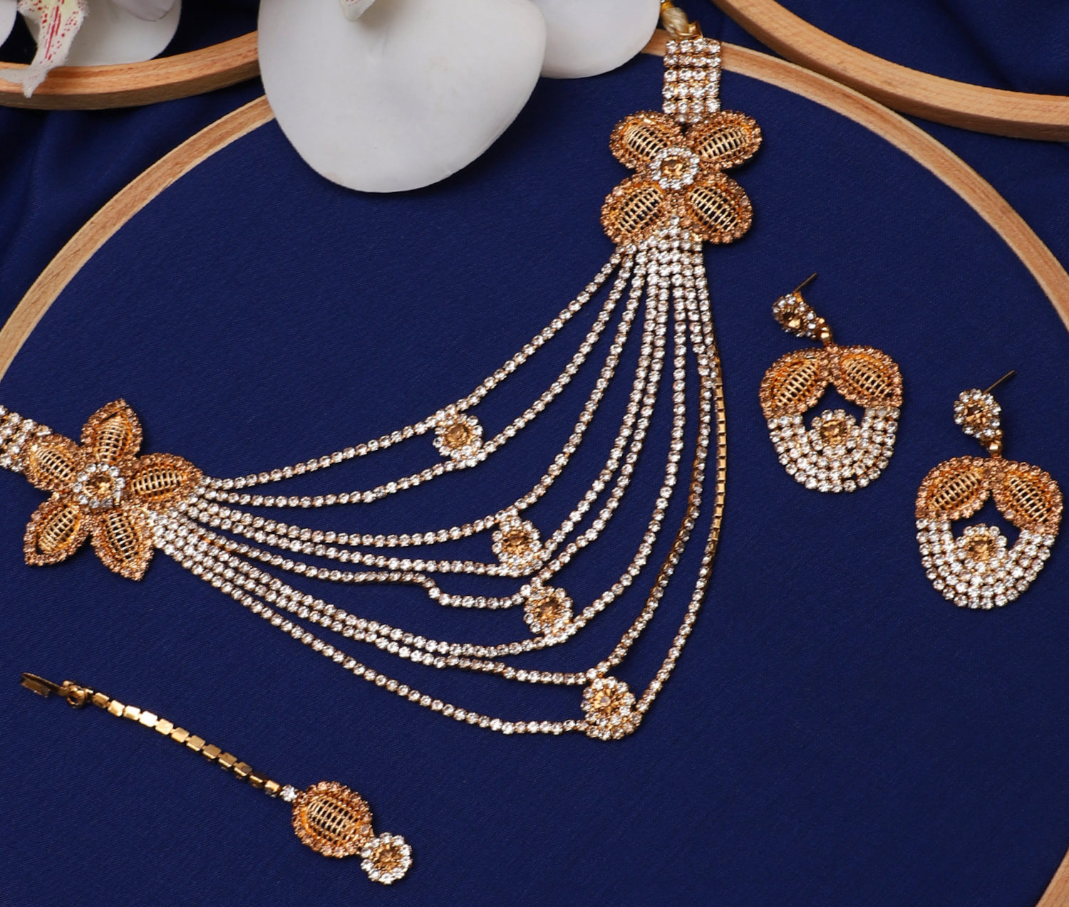  Gold Plated Necklace with Earrings and Maang-Tika | Buy This Jewellery Online from Mekkna