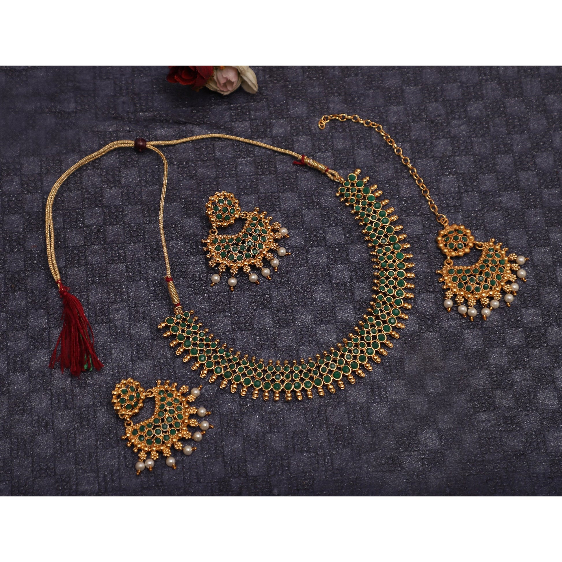Best Traditional Handcrafted Designed by Mekkna of Necklace, Maang-Tika with Earrings for Women. Now We can Book This Jewellery set online from Mekkna.