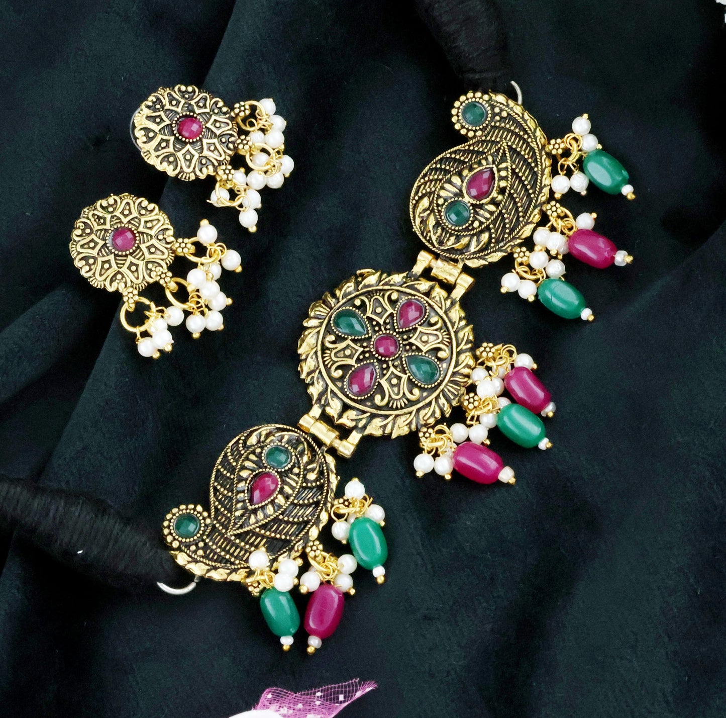Mekkna Women's Pride Gold Plated Traditional Choker with Earrings | Buy This Choker set Online from Mekkna