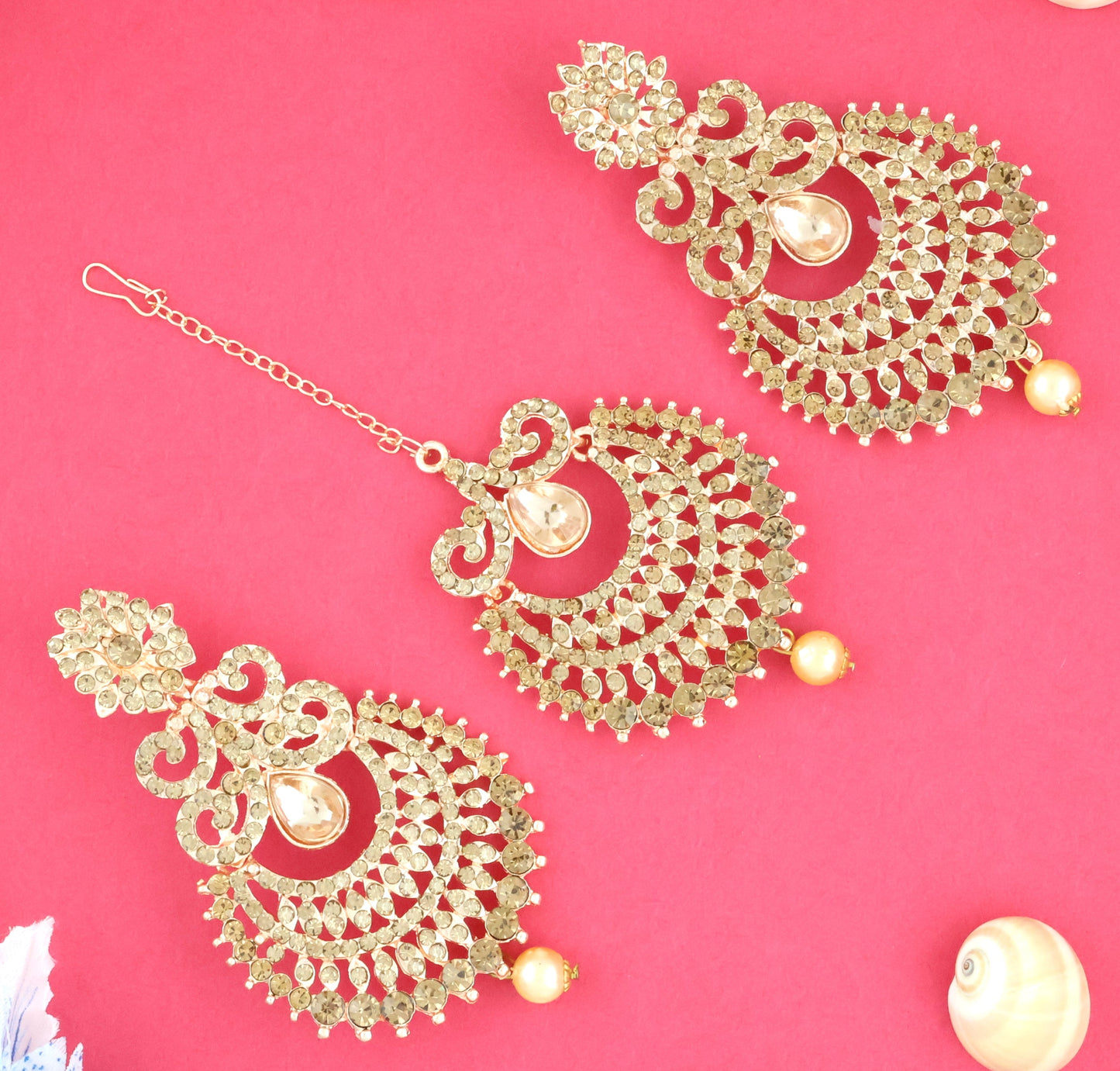 Mekkna Women's Pride Traditional Gold Plated Earrings with Maang-Tika | Buy This Jewellery set Online from Mekkna